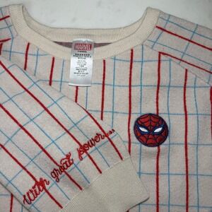 Marvel‎ Spider-Man Sweater Disney Parks Mens 3XL Cream Red Blue Grid Embroidered